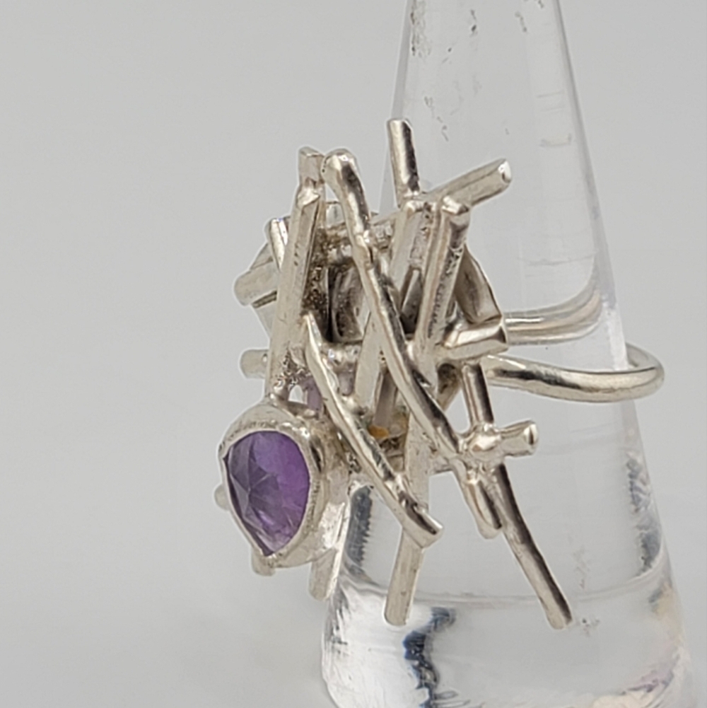 AMETHYST ABSTRACT RING HANDMADE IN STERLING SILVER METAL SIZE 8 - Picture 3 of 7